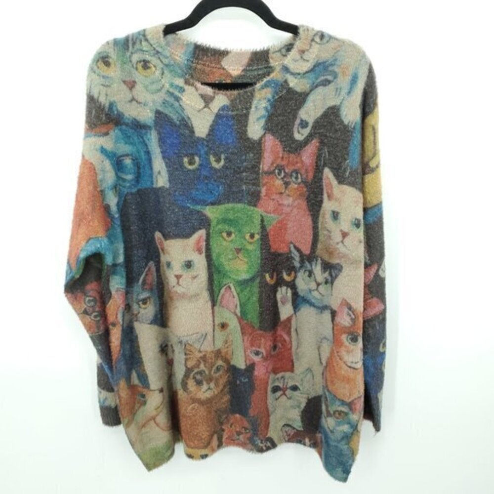 Cotton/Wool Oversized Cat Print Sweater OS Multicolor